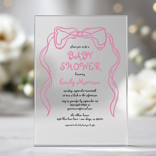 Whimsical Quirky Blush Pink Bow Baby Shower Acrylic Invitations (Creator Uploaded)