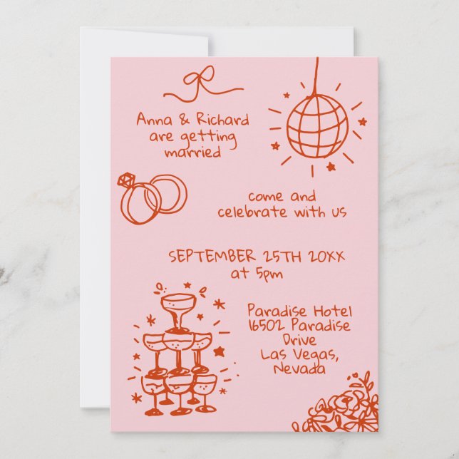 Whimsical Quirky Doodle Fun Pink Red Wedding Invitation (Front)