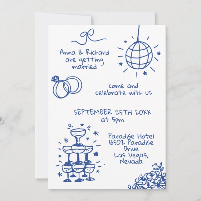Whimsical Quirky French  Doodle Photo Blue Wedding Invitation (Front)