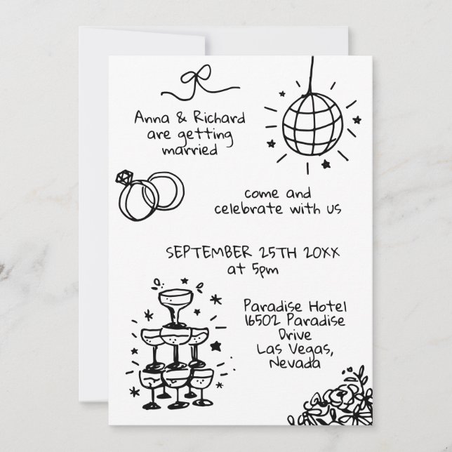 Whimsical Quirky Fun Doodle  Illustrated Wedding Invitation (Front)