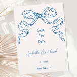 Whimsical Quirky Hand Drawn Blue Bow Save the Date Invitation<br><div class="desc">A trendy whimsical hand drawn scribble style wedding save the date invitation card following the latest trend in wedding stationary. Featuring a retro hand drawn bow and a blue and white colour scheme and a handwritten font style.  The perfect quirky invitation for a fun casual wedding.</div>