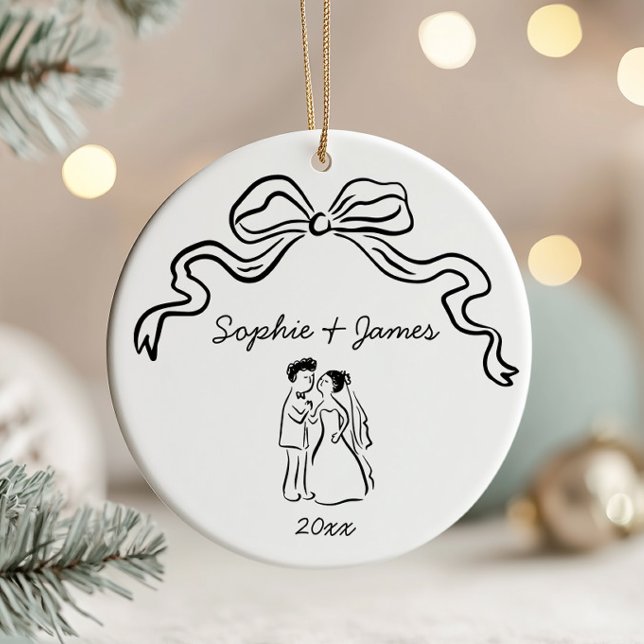 Whimsical Quirky Hand Drawn Bow Wedding Christmas  Ceramic Tree Decoration (Creator Uploaded)