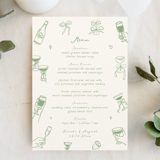  Whimsical Quirky Hand Drawn Green Wedding Menu (Creator Uploaded)