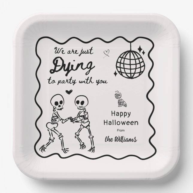 Whimsical Quirky Hand Drawn Skeleton Halloween Paper Plate (Front)