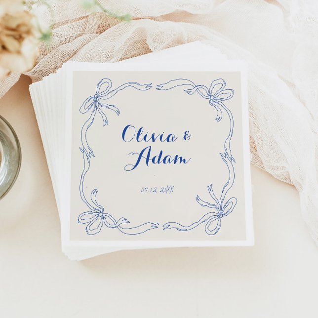Whimsical Quirky Retro Hand Drawn Blue Bow Wedding Napkin (Creator Uploaded)