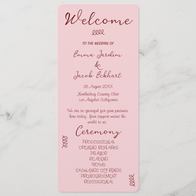 Whimsical Quirky Squiggles Pink Wedding  Programme (Front)