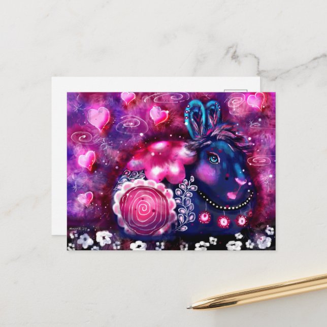 Whimsical Rabbit 'Glamour Bunny' Pink Purple Postcard (Front/Back In Situ)