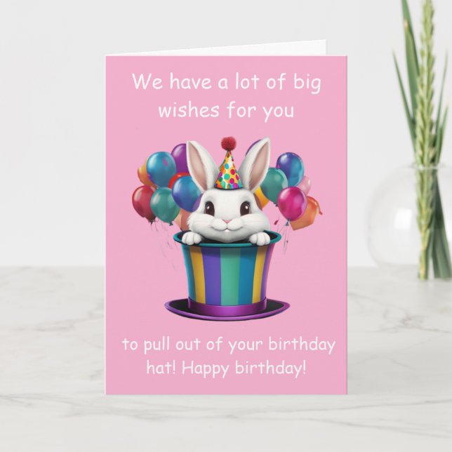 Whimsical Rabbit Magic Hat Birthday Graphic Card (Front)