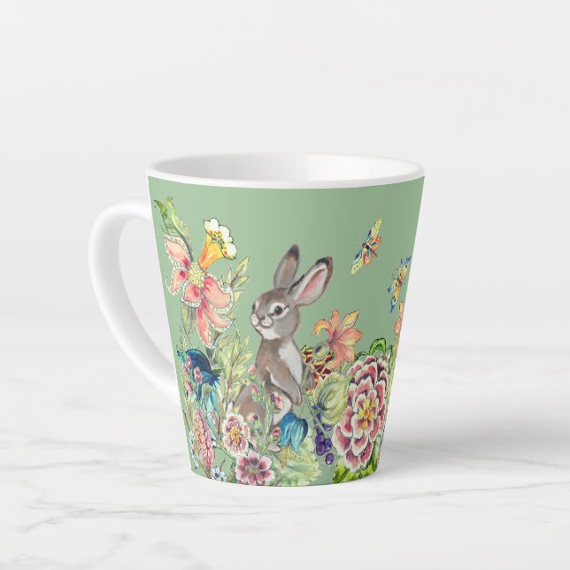 Whimsical Rabbit Mint Green Chinoiserie Floral  Latte Mug (Left Angle)