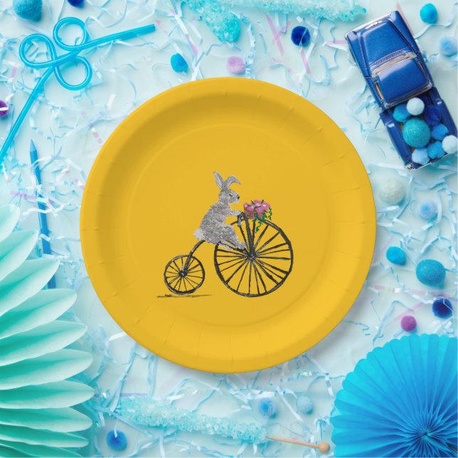 Whimsical Rabbit on Bike Paper Plate (Party)