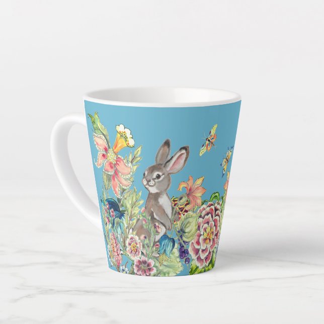 Whimsical Rabbit Turquoise Chinoiserie Floral Latte Mug (Left Angle)