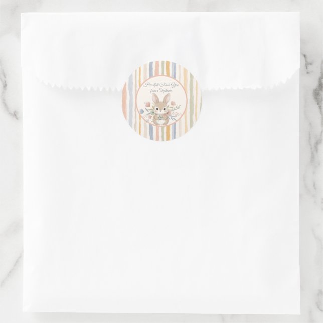 Whimsical Rabbit Watercolor Stripe Classic Round Sticker (Bag)