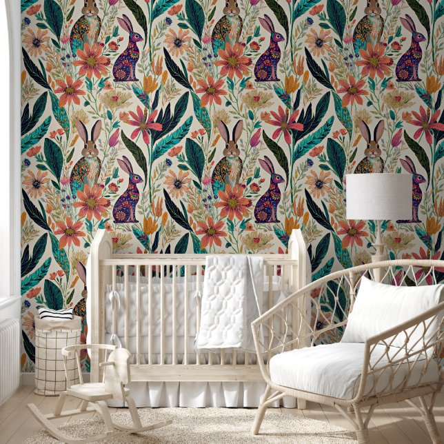 Whimsical rabbits and flowers pattern wallpaper (Kids)