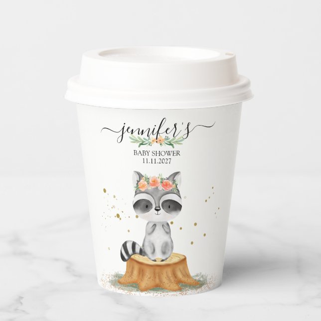 Whimsical Raccoon Nature Baby Shower Paper Cups (Front)