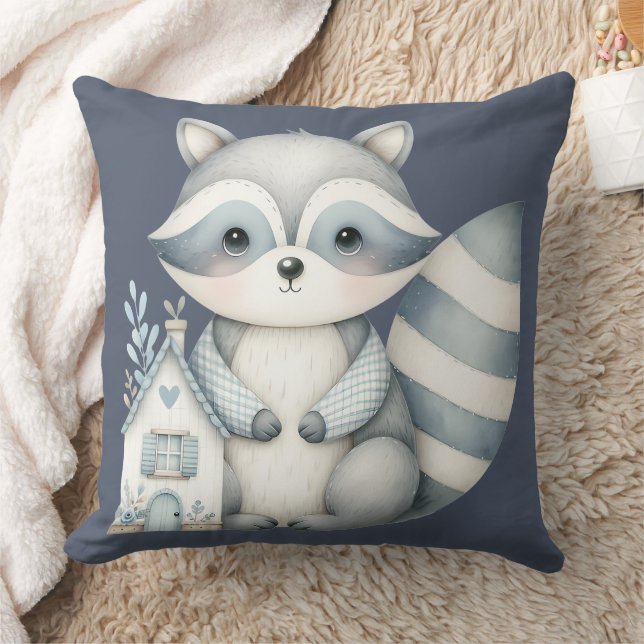 Whimsical Raccoon Night Woodland Cottage Scene Cushion (Blanket)