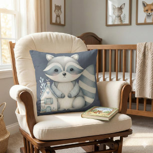 Whimsical Raccoon Night Woodland Cottage Scene Cushion