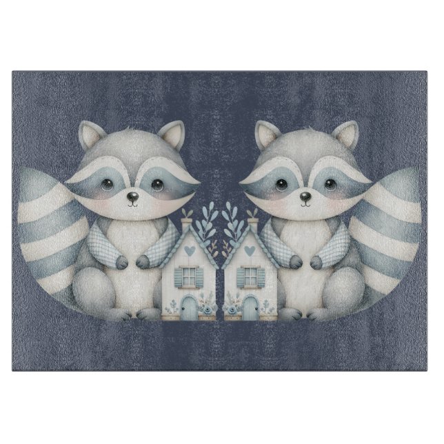 Whimsical Raccoon Night Woodland Cottage Scene Cutting Board (Front)