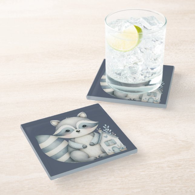 Whimsical Raccoon Night Woodland Cottage Scene Glass Coaster (Angled)