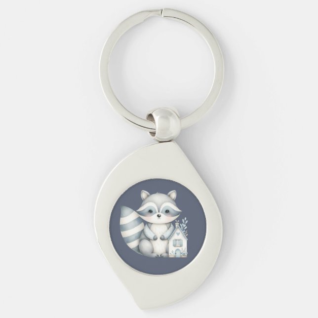 Whimsical Raccoon Night Woodland Cottage Scene Key Ring (Front)