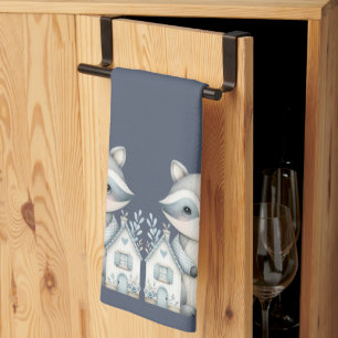 Whimsical Raccoon Night Woodland Cottage Scene Tea Towel