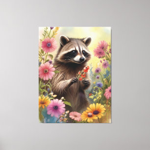 Whimsical Racoon and Wildflowers Nature Art Canvas Print