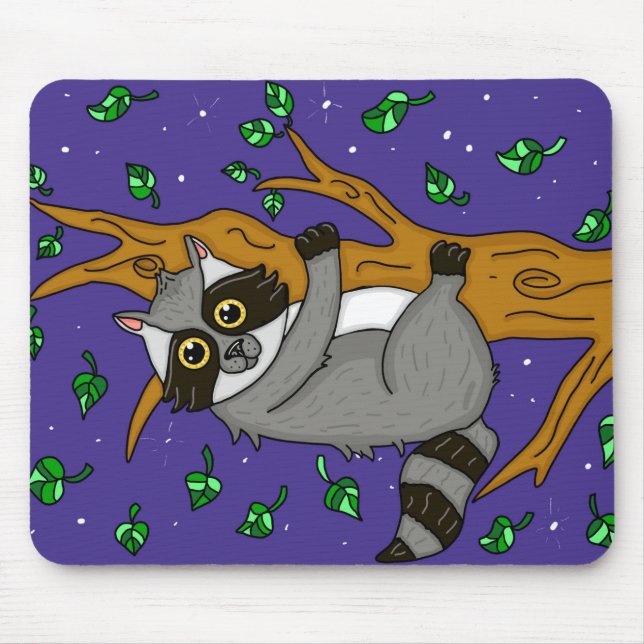 Whimsical Racoon Hanging from Tree Mouse Pad (Front)