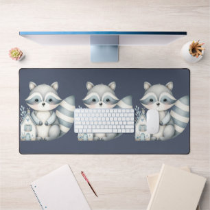 Whimsical Racoon Night Woodland Cottage Scene Desk Mat