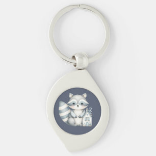Whimsical Racoon Night Woodland Cottage Scene Key Ring