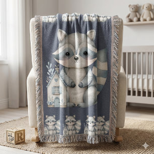 Whimsical Racoon Night Woodland Cottage Scene Throw Blanket