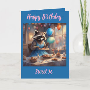 Whimsical Racoon sweet 16 birthday card