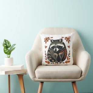 Whimsical Racoon Woodland Animal Folk or Tribal A Cushion