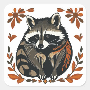 Whimsical Racoon Woodland Animal Folk or Tribal A Square Sticker