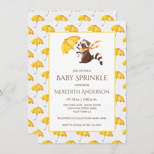 Whimsical Racoon Yellow Umbrellas Baby Sprinkle Invitation (Front/Back)