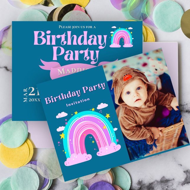 Whimsical Rainbow 1st Birthday Photo Invitation (Whimsical Rainbow 1st Birthday Photo Invitation)