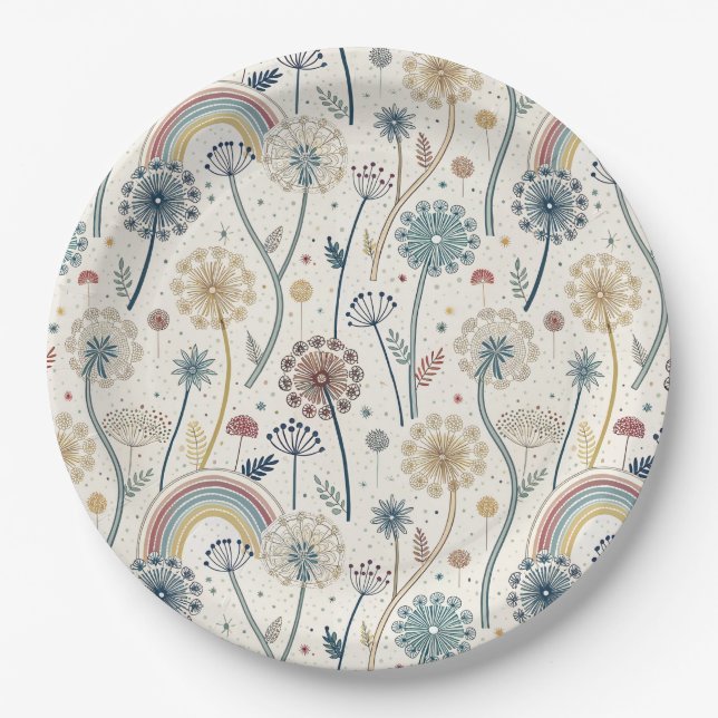 Whimsical Rainbow and Botanical Dandelions (2) Paper Plate (Front)