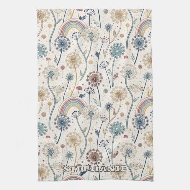 Whimsical Rainbow and Botanical Dandelions (2) Tea Towel (Vertical)