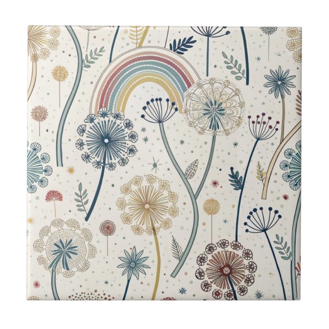 Whimsical Rainbow and Botanical Dandelions (2) Tile (Front)