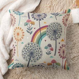 Whimsical Rainbow and Botanical Dandelions Cushion