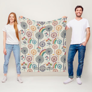 Whimsical Rainbow and Botanical Dandelions Fleece Blanket