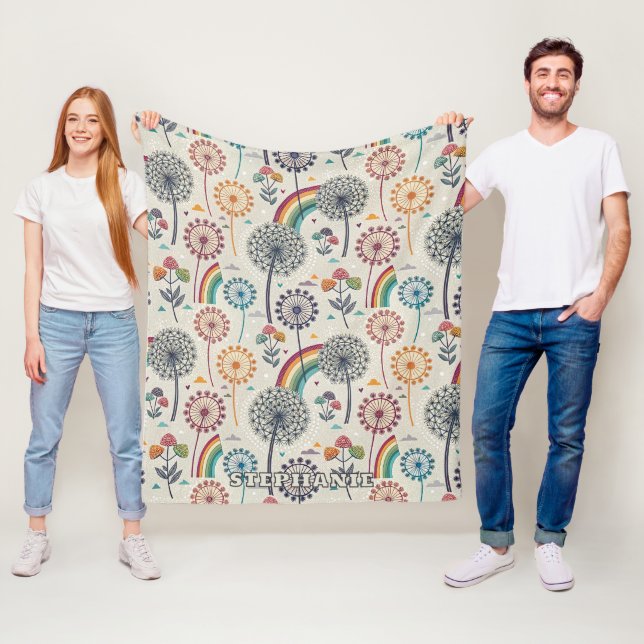 Whimsical Rainbow and Botanical Dandelions Fleece Blanket (In Situ)