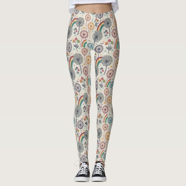 Whimsical Rainbow and Botanical Dandelions Leggings (Front)