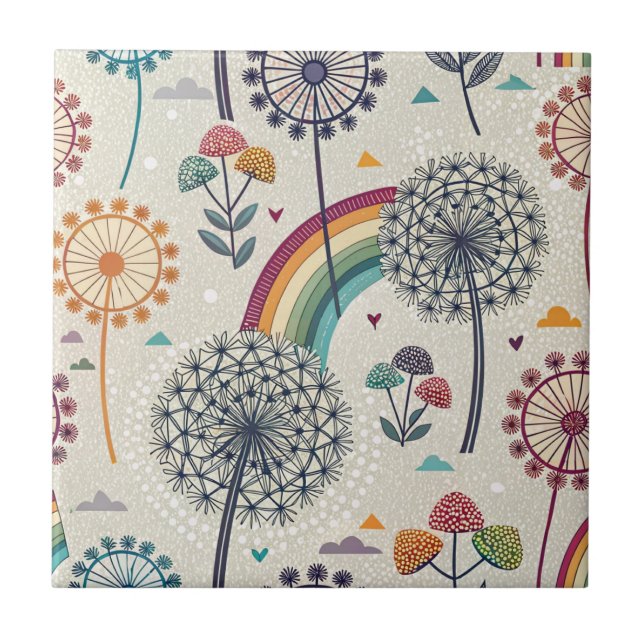 Whimsical Rainbow and Botanical Dandelions Tile (Front)