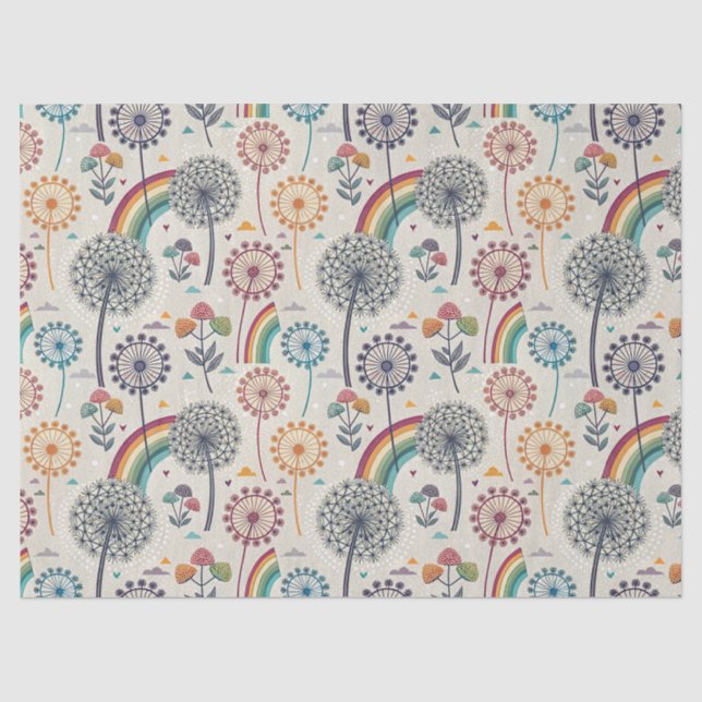 Whimsical Rainbow and Botanical Dandelions Tissue Paper (Front)