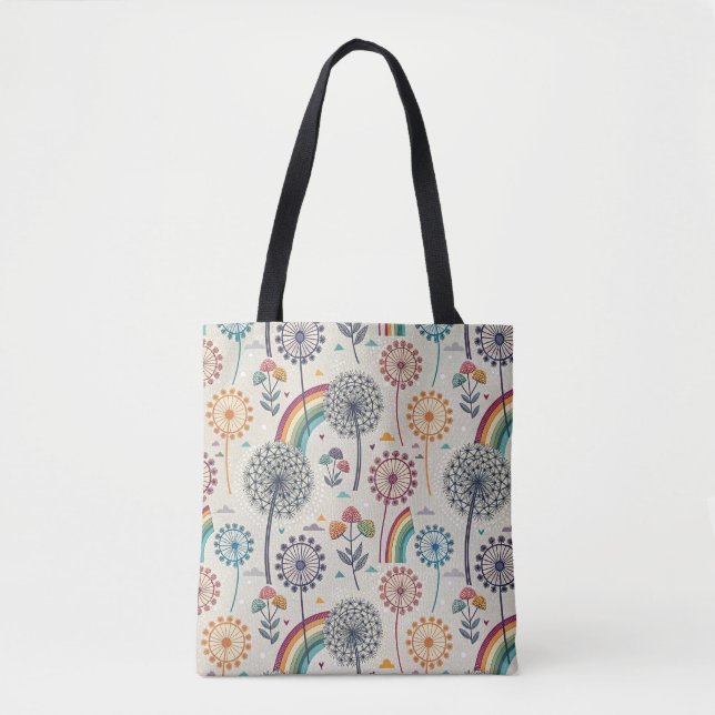 Whimsical Rainbow and Botanical Dandelions Tote Bag (Front)
