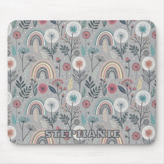 Whimsical Rainbow and Botanical Mouse Pad (Front)