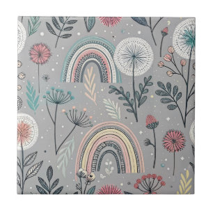 Whimsical Rainbow and Botanical Tile