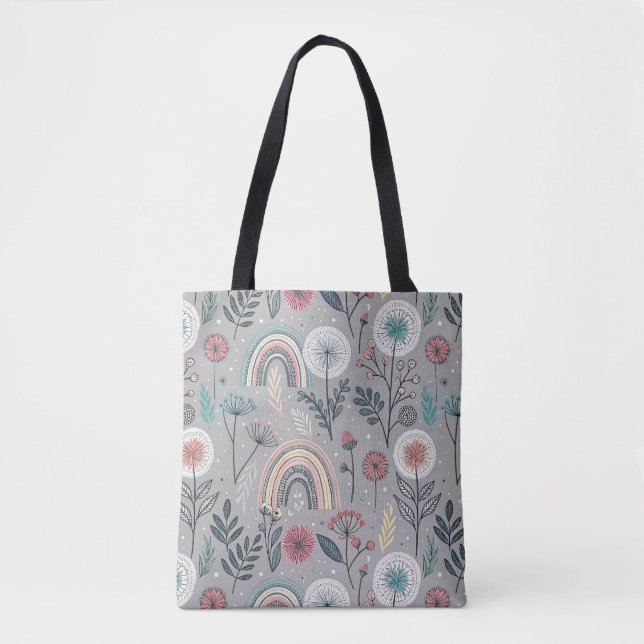 Whimsical Rainbow and Botanical Tote Bag (Front)