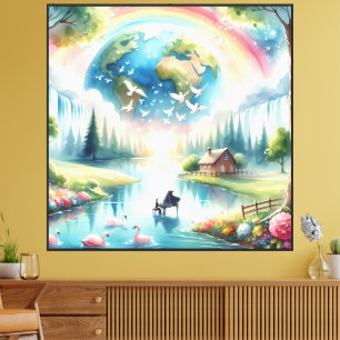 Whimsical Rainbow Earth Fantasy Scene Canvas Print