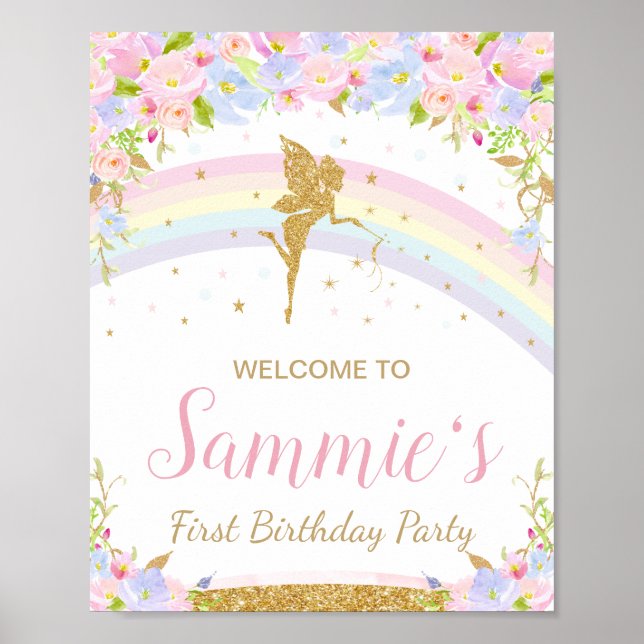 Whimsical Rainbow Fairy Birthday Party Welcome Poster (Front)