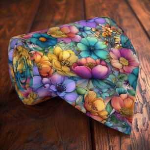 Whimsical Rainbow Floral Necktie – Men’s Fashion